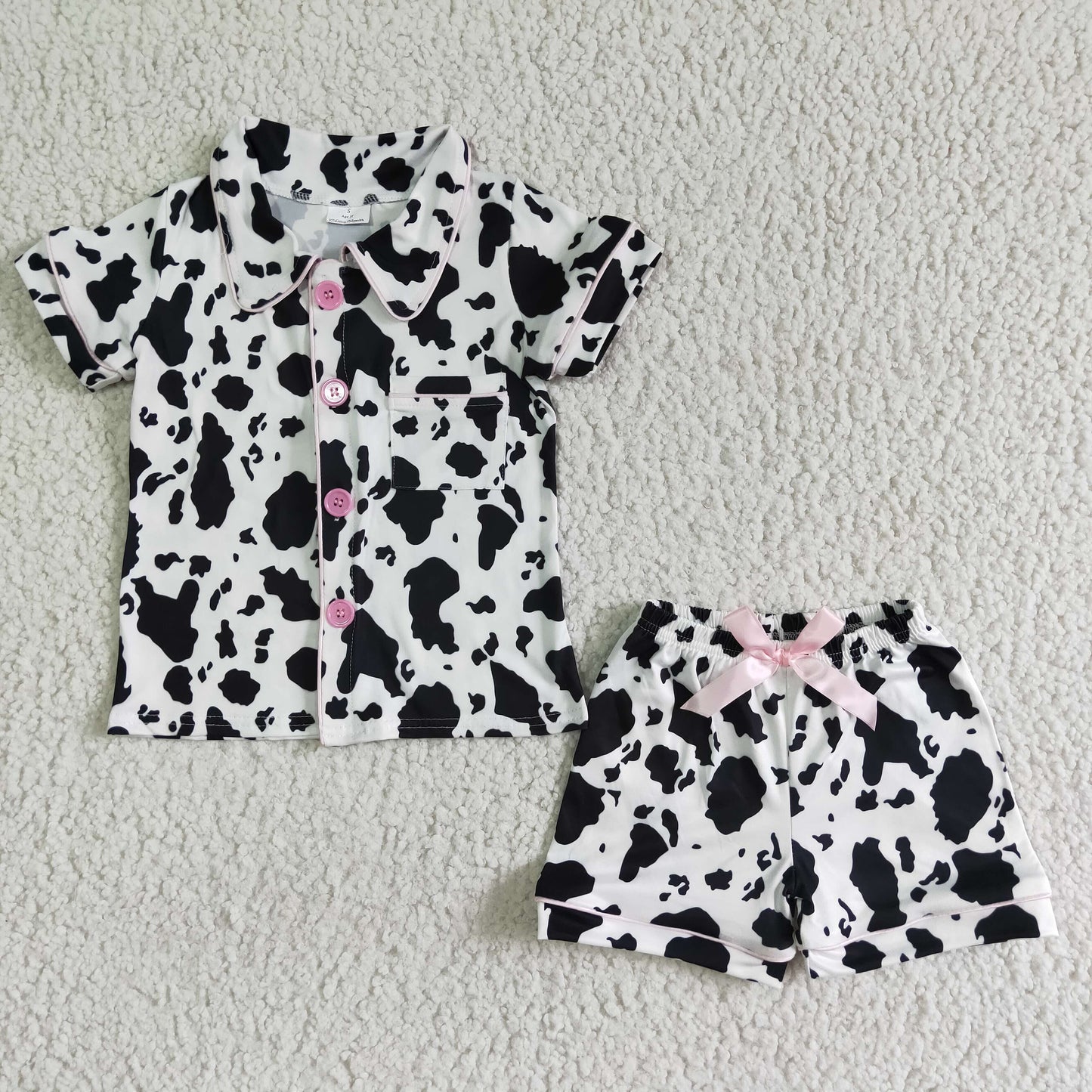 Girls Black Cow Pajamas Short Sleeves Shorts