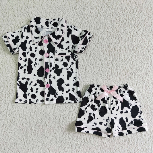 Girls Black Cow Pajamas Short Sleeves Shorts