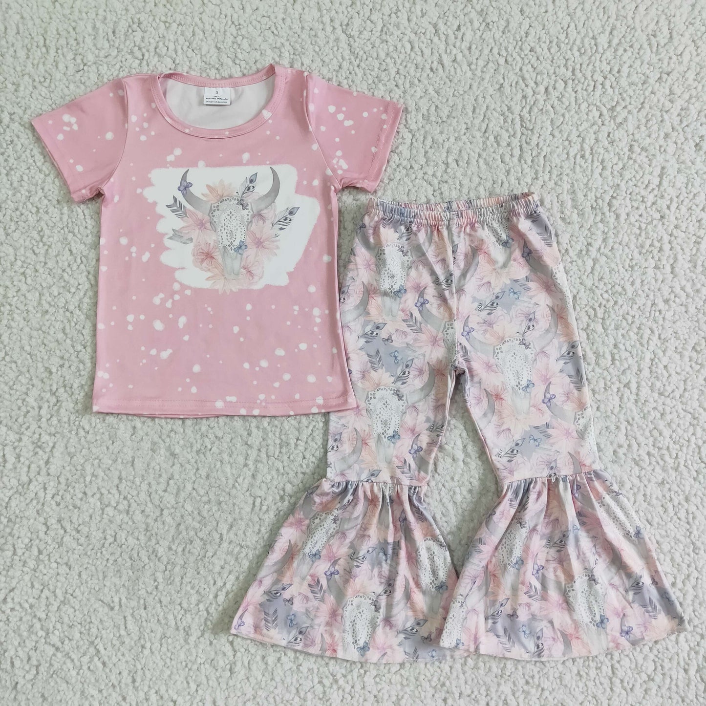 Girls Cow Pink Outfits Short Sleeves Bell Bottom Floral Pants