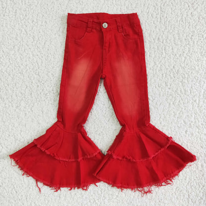 Girls Red Ruffled Jeans Bell Bottom Pants