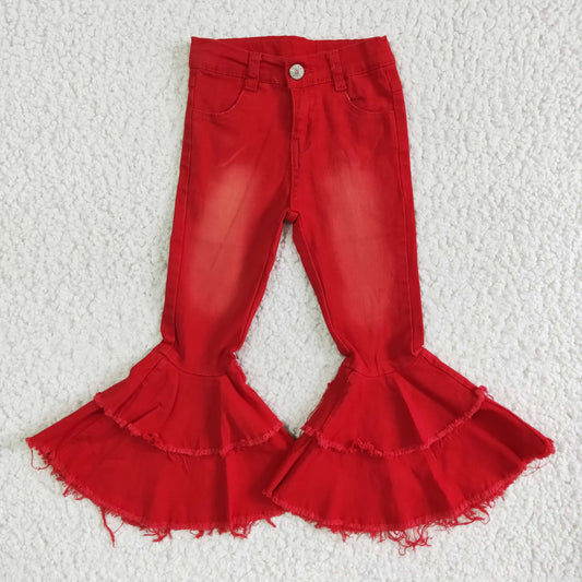 Girls Red Ruffled Jeans Bell Bottom Pants