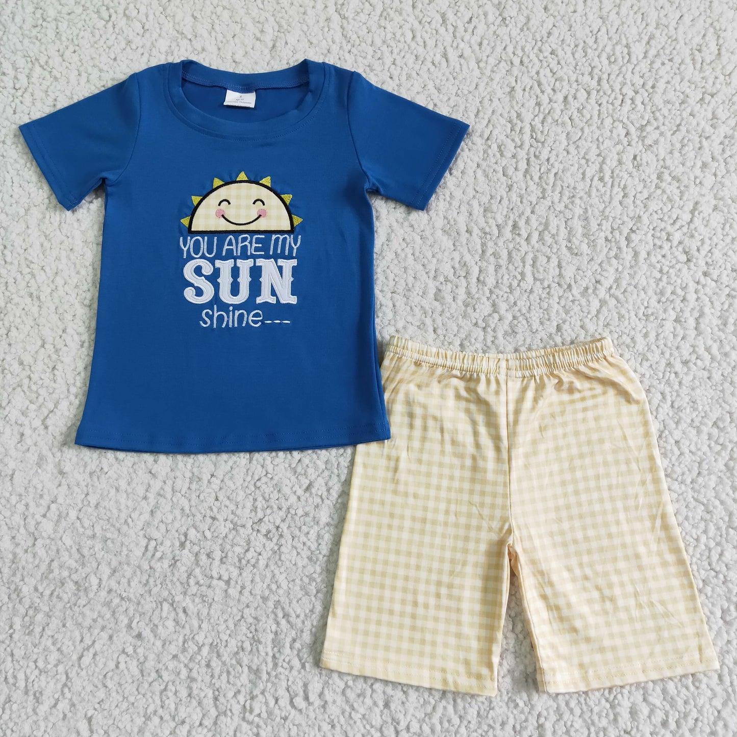 Boys Embroidery Sunshine Outfits Short Sleeves Plaid Shorts