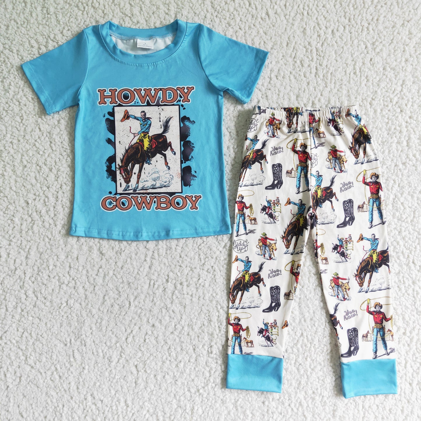 BSPO0004 Boys Howdy Cowboy Outfits Short Sleeves Blue Pants