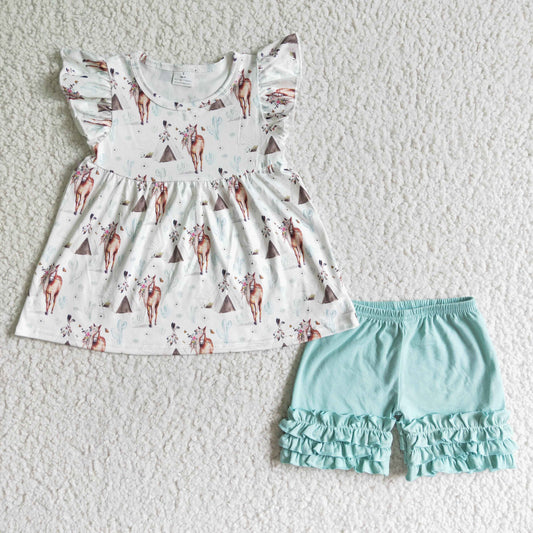 Girls Horse Outfits Short Sleeves Sky Blue Shorts