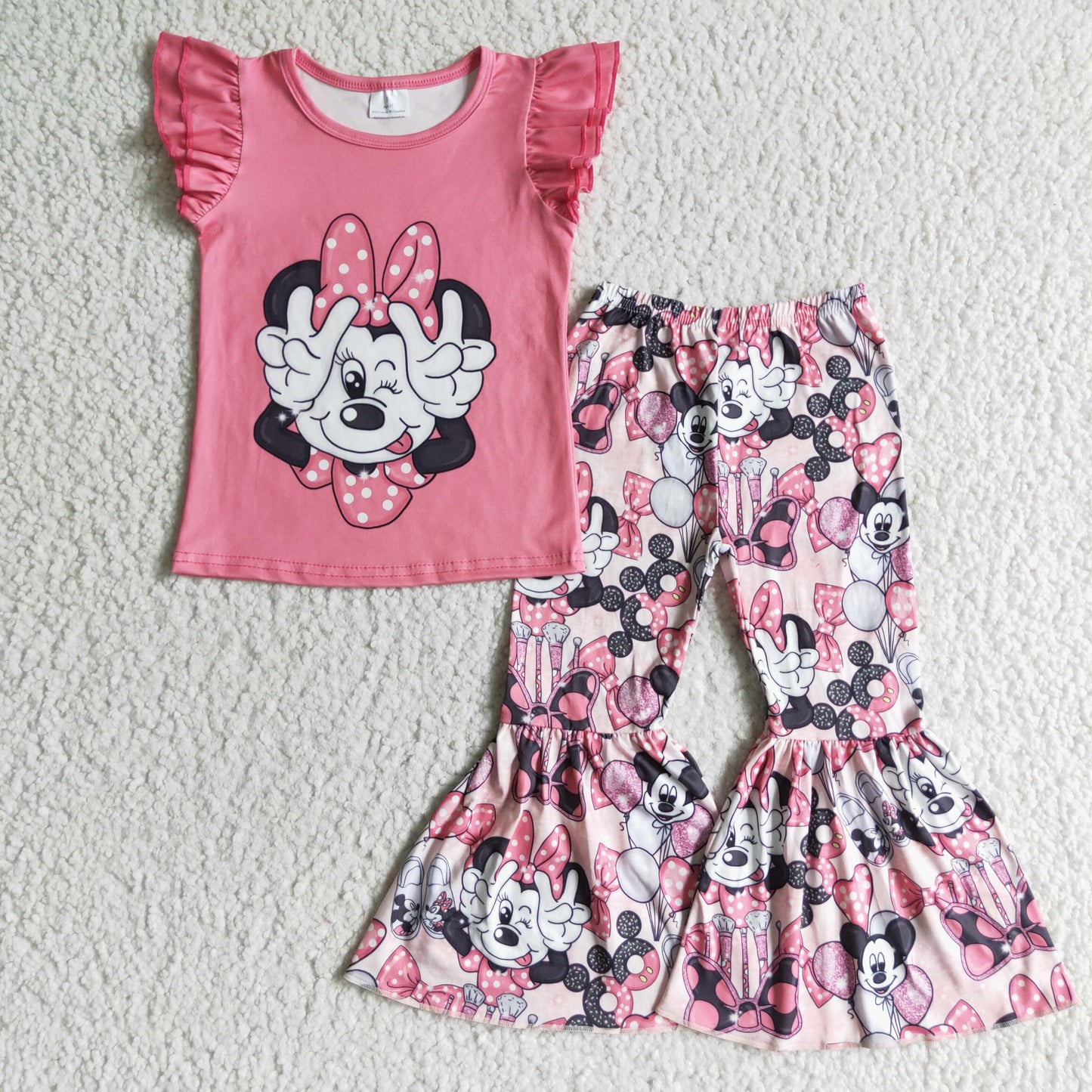 Girls Pink Cartoon Outfits Short Sleeves Bell Bottom Pants