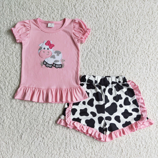 Girls Embroidery Cow Outfits Sleeveless Shorts