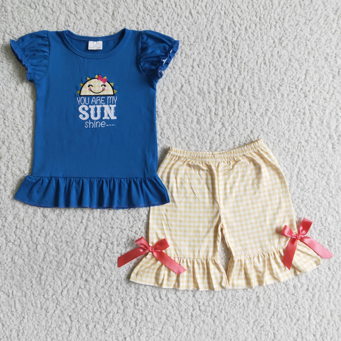 Girls Embroidery Sunshine Outfits Short Sleeves Plaid Shorts