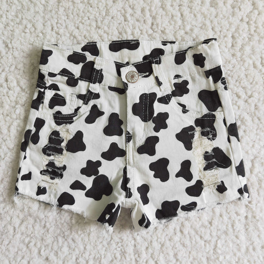 Girls Black Cow Denim Shorts