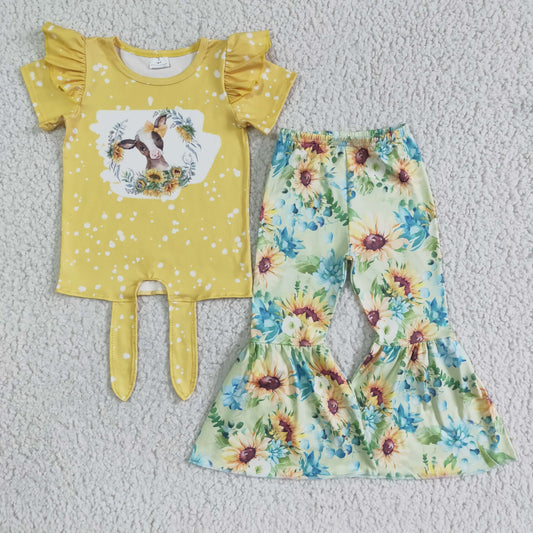 Girls Cow Yellow Outfits Short Sleeves Bell Bottom Sunflowers Pants