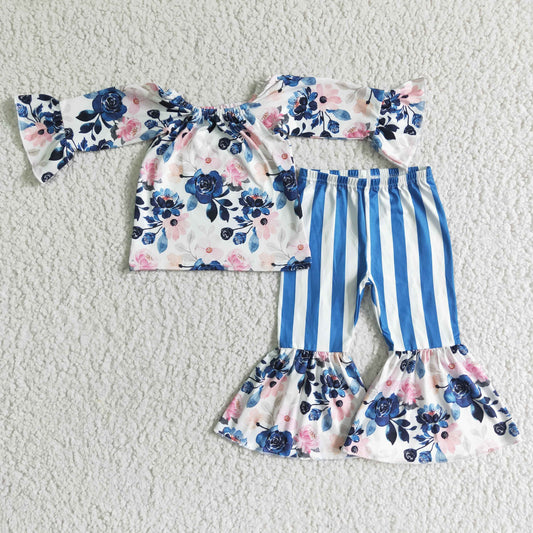 Girls Blue Floral Outfits Long Sleeves Stripe Pants