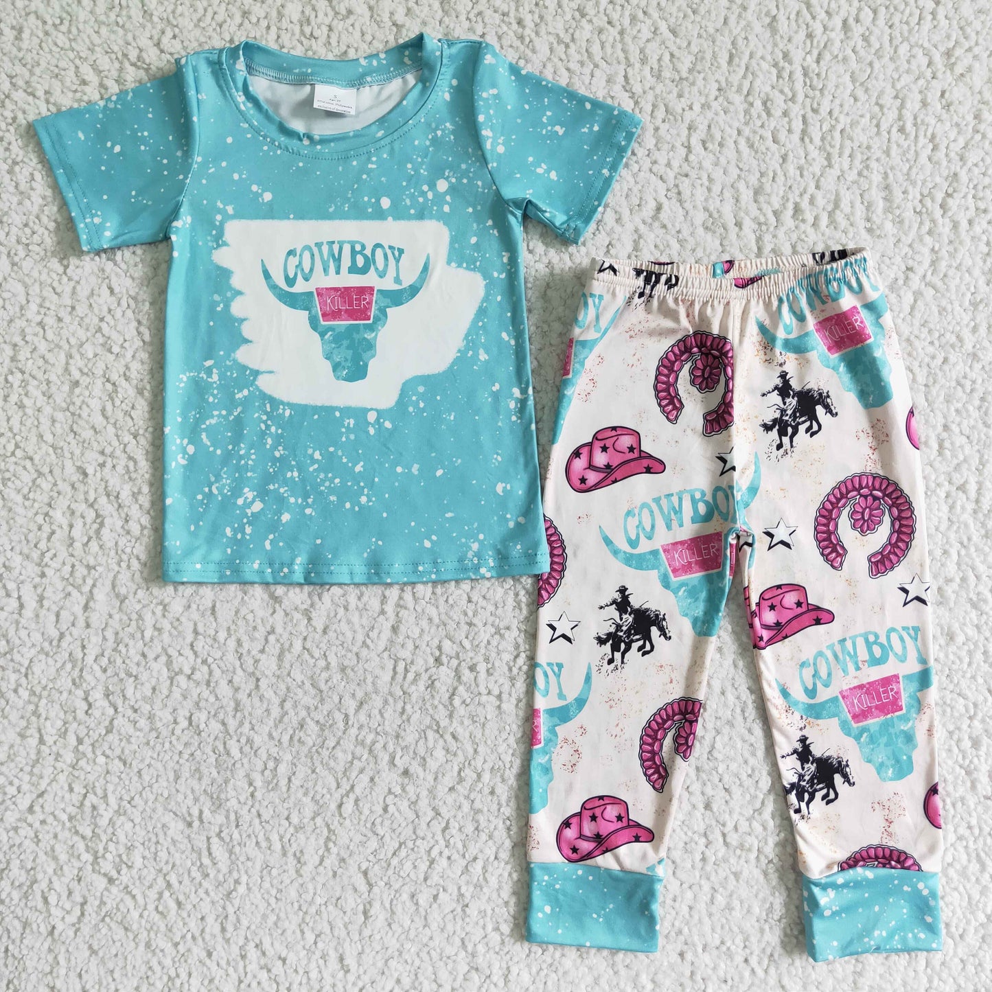 Boys Cowboy Pajamas Short Sleeves Blue Joggers