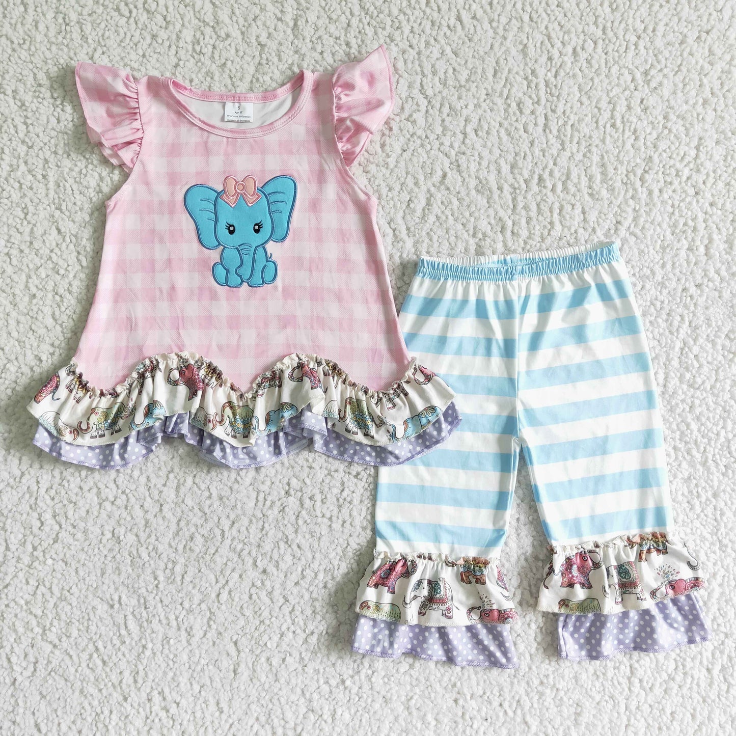 Girls Embroidery Elephant Outfits Short Sleeves Stripe Pants