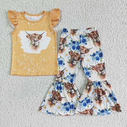 Girls Cow Outfits Short Sleeves Floral Pants