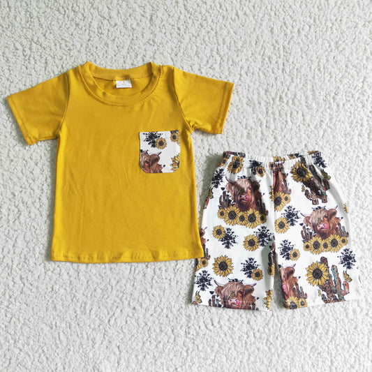 Boys Cow Outfits Short Sleeves Sunflowers Shorts