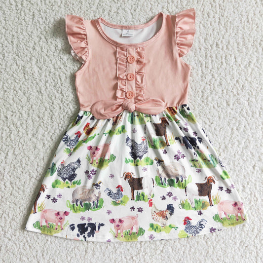 Girls Pink Farm Animals Dress Short Sleeves