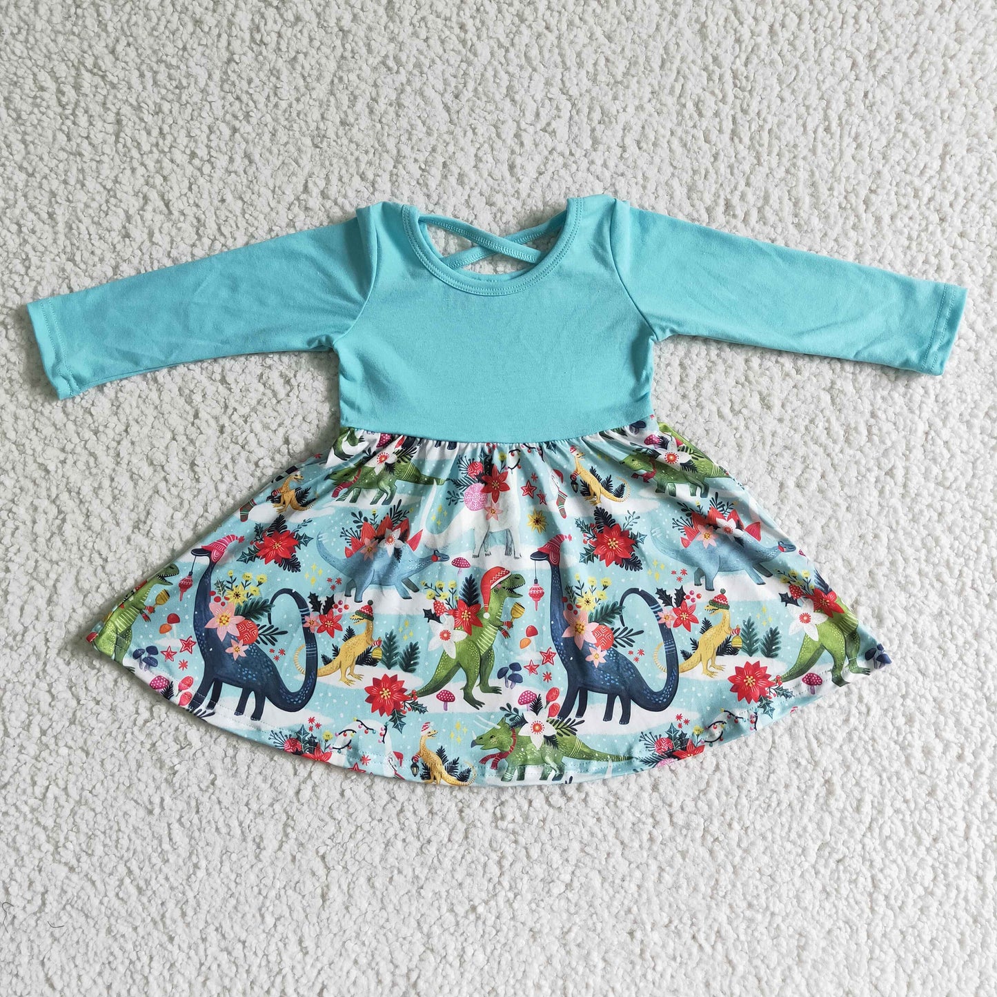 GLD0006 Girls Blue Dinosaur Dress Long Sleeves