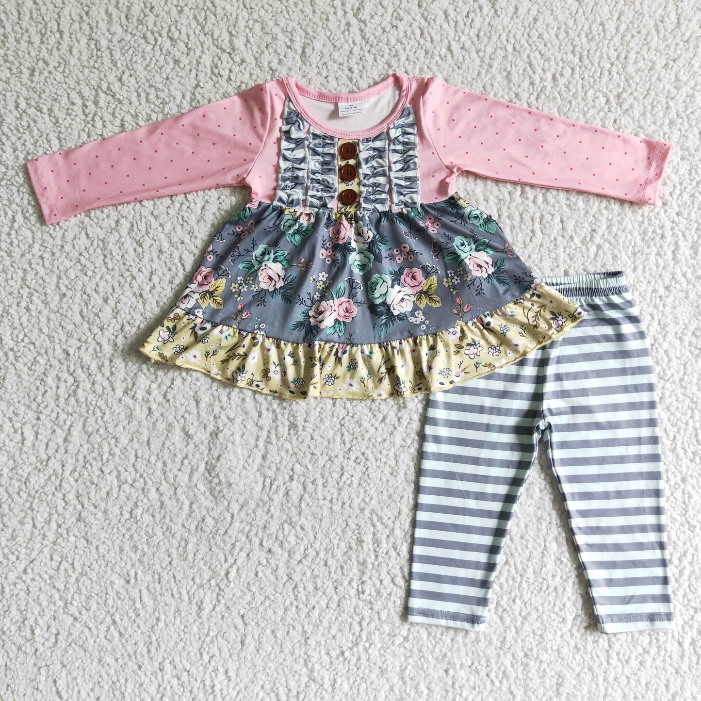 Girls Floral Outfits Pink Long Sleeves Stripe Pants