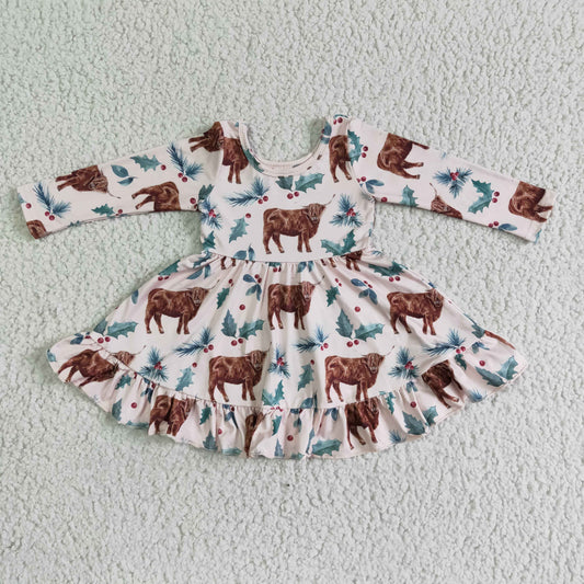 Girls Cow Dress Long Sleeves