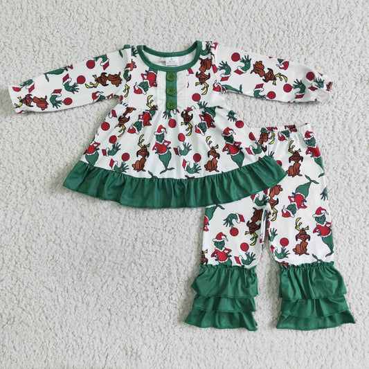 Girls Christmas Green Outfits Long Sleeves Ruffled Pants