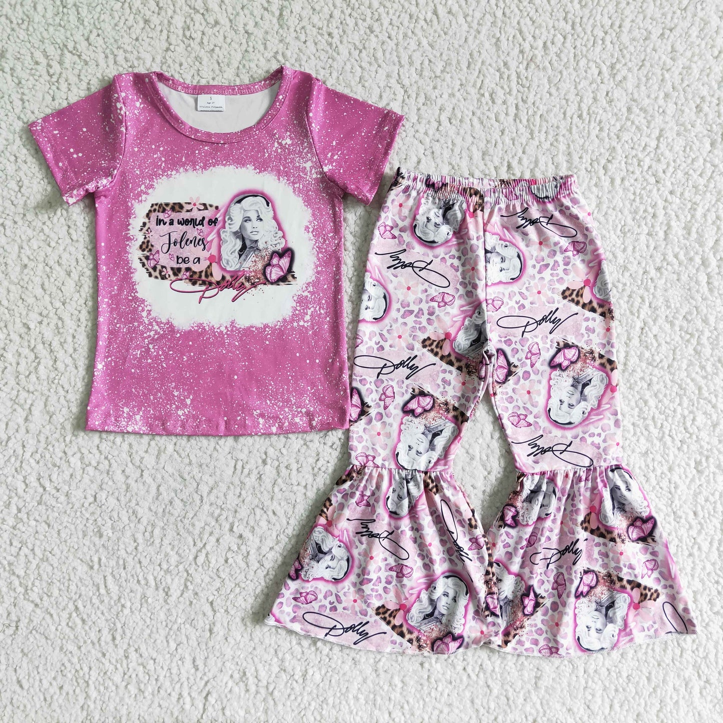 Girls Pink Beauty Outfits Short Sleeves Bell Bottom Pants