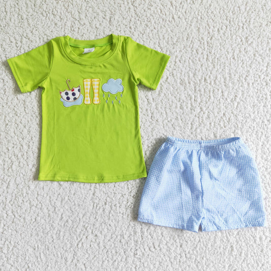 Boys Embroidery Rain Outfits Short Sleeves Blue Shorts