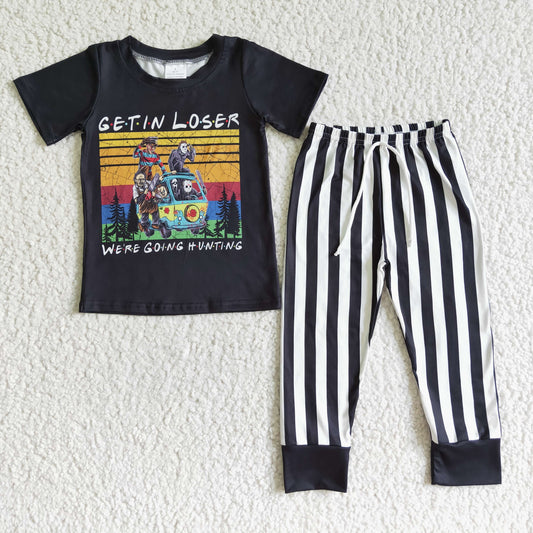 BSPO0003  Boys Skull Outfits Short Sleeves Black Stripe Pants