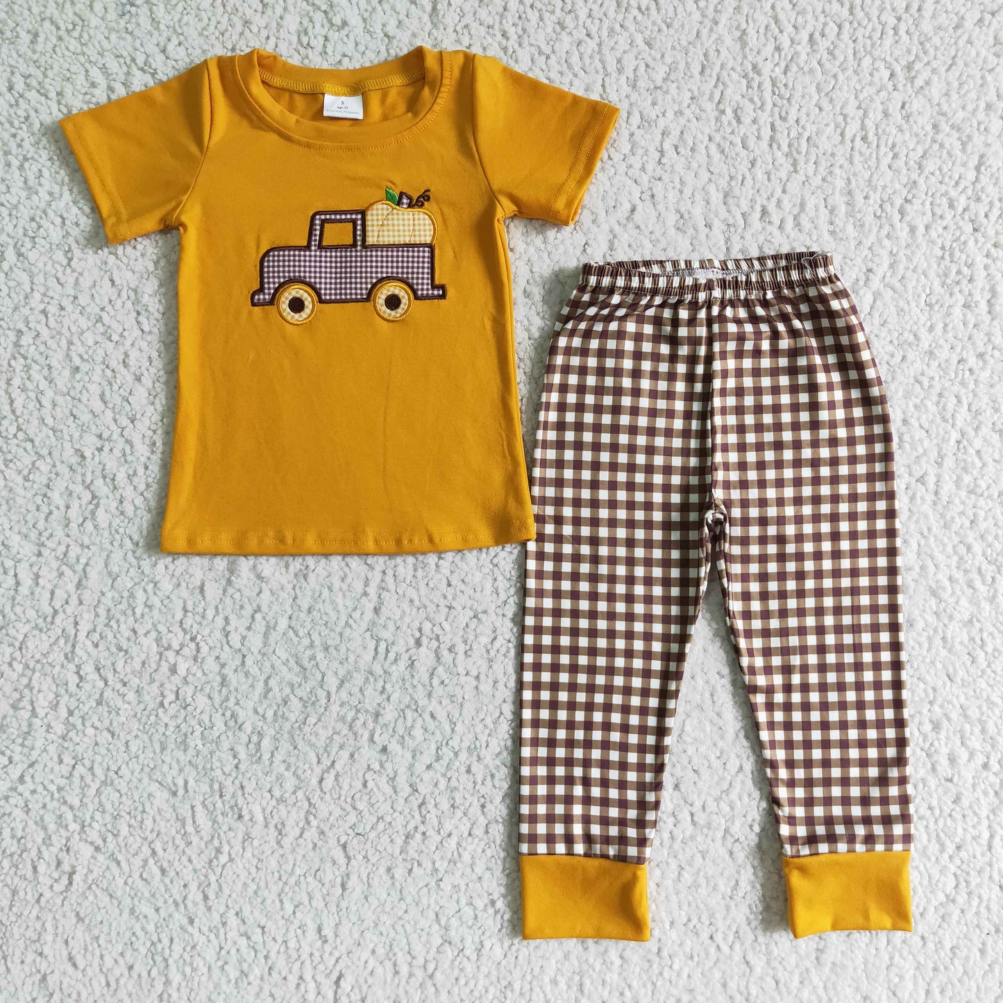 Boys Embroidery Pumpkin Outfits Short Sleeves Brown Pants