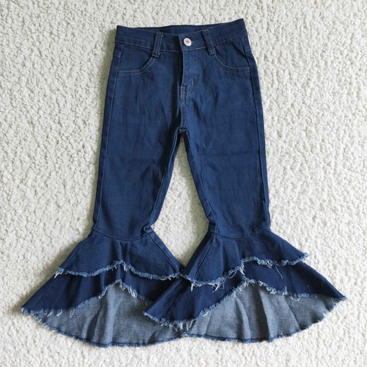 Girls Blue Jeans Double Ruffles Bell Bottom Pants