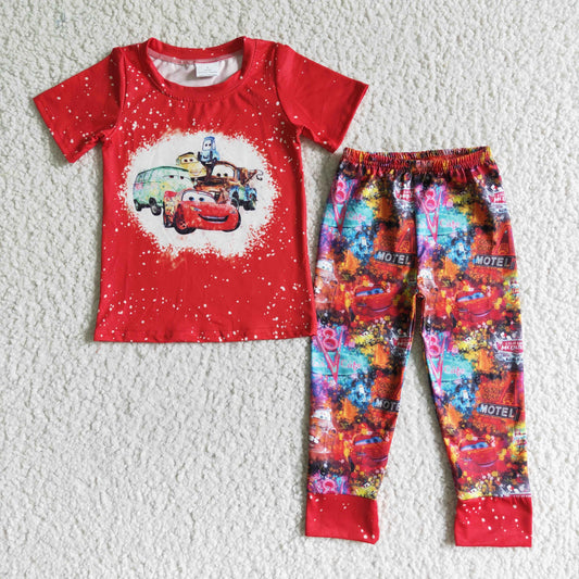 BSPO0011 Boys Cartoon Car Outfits Short Sleeves Red Pants