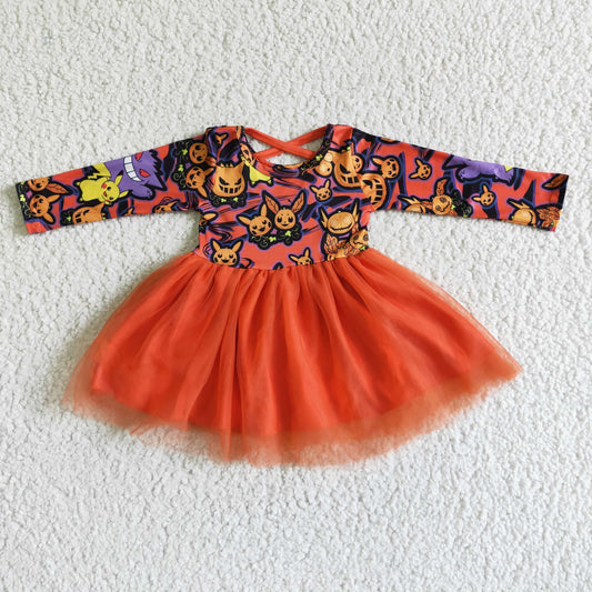 GLD0010 Girls Halloween Orange Tulle Dress Long Sleeves