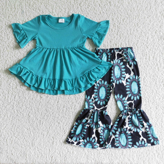 Girls Mint Ruffle Outfits Short Sleeves Bell Bottom Pants