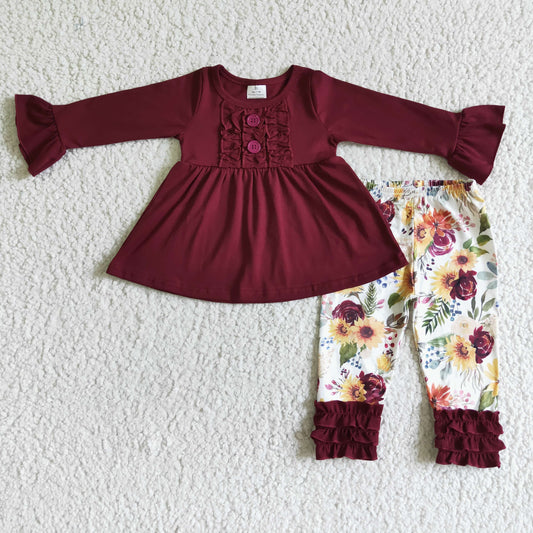 Girls Dark Red Outfits Blue Long Sleeves Floral Leggings Pants