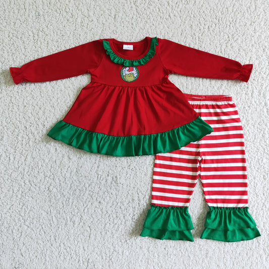 Girls Christmas Outfits Long Sleeves Ruffled Red Stripe Pants
