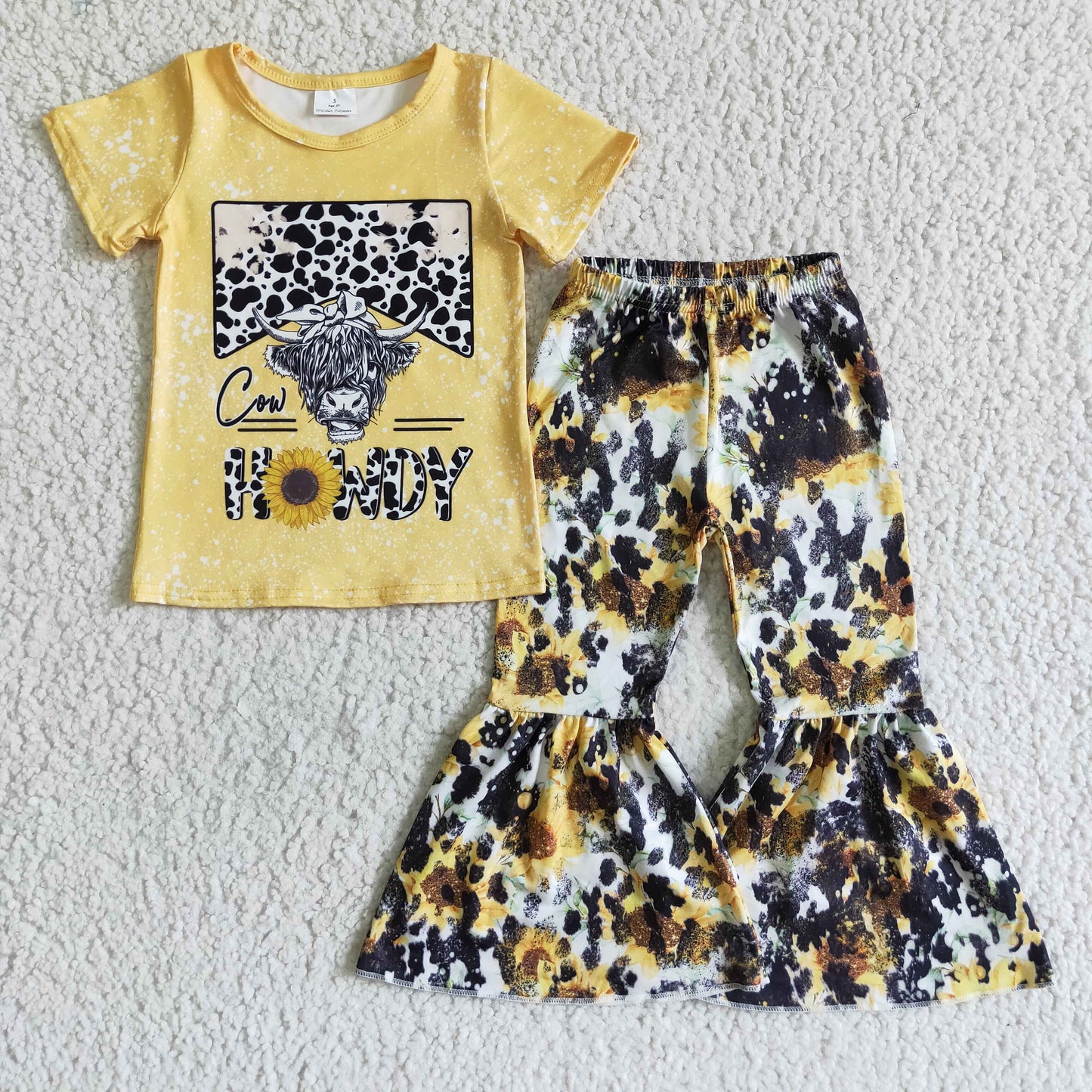 Girls Howdy Sunflowers Outfits Short Sleeves Bell Bottom Pants