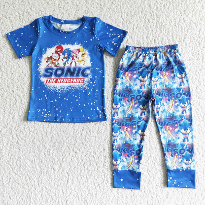 Boys Cartoon Sonic Outfits Short Sleeves Blue Pants