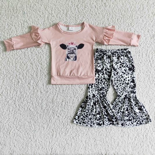 GLP0054 Girls Pink Cow Outfits Long Sleeves Bell Bottom Pants