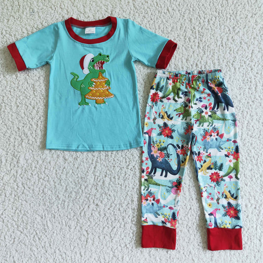 Boys Embroidery Dinosaur Outfits Short Sleeves Blue Pants