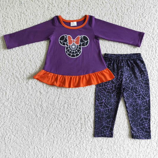 GLP0025 Girls Embroidery Cobwebs Outfits Long Sleeves Purple Pants