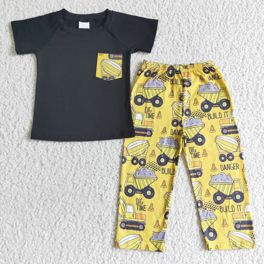 Boys Excavator Outfits Short Sleeves Yellow Pants