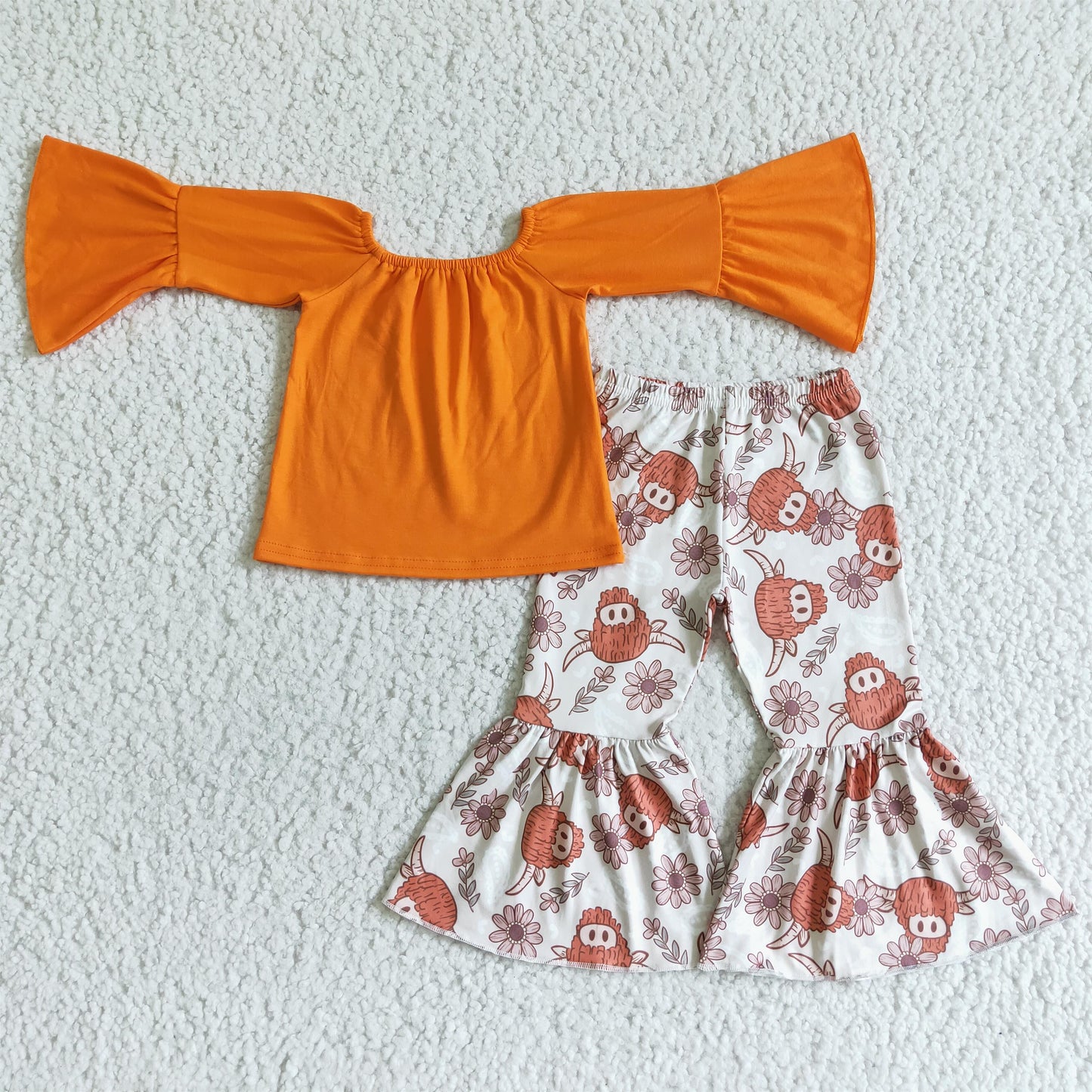 Girls Orange Outfits Long Sleeves Floral Pants