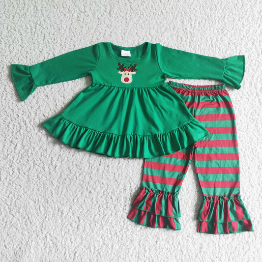 GLP0046 Girls Embroidery Christmas Deer Outfits Long Sleeves Stripe Pants