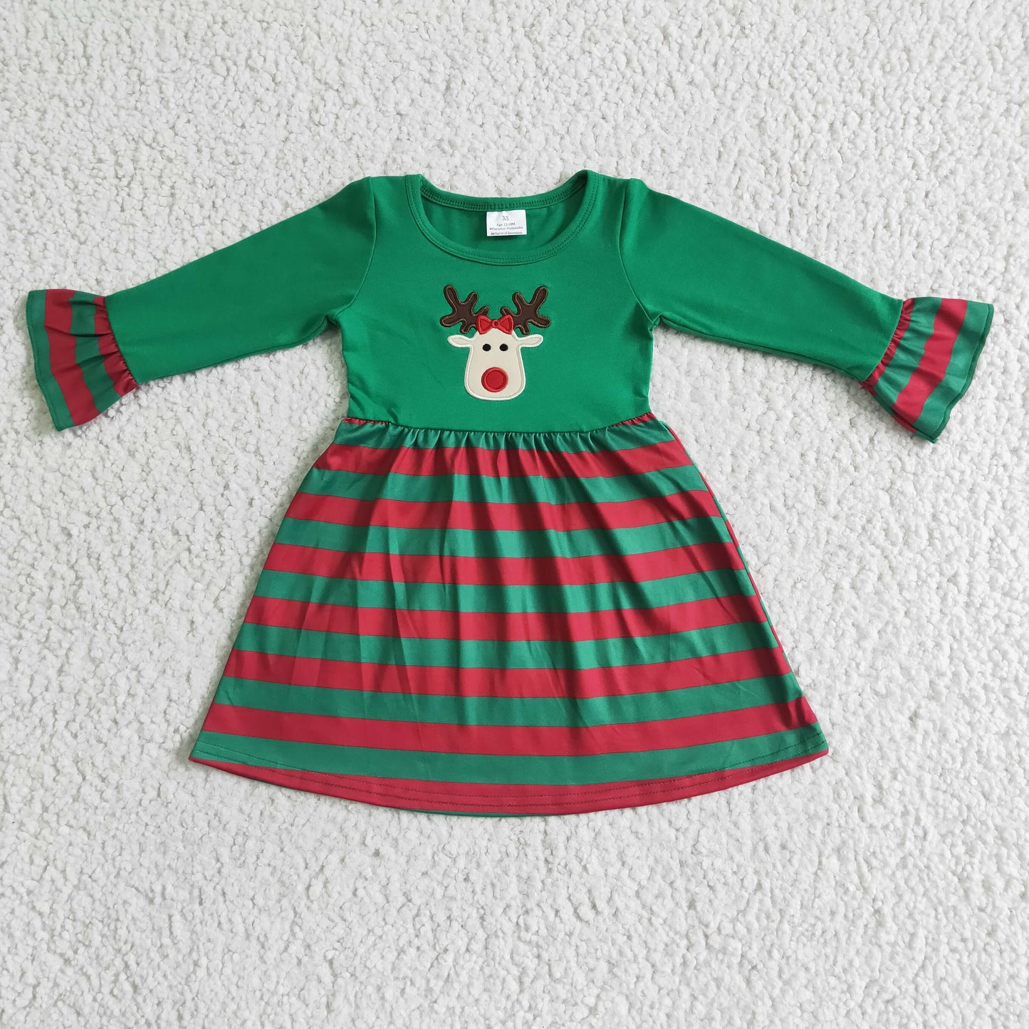 GLD0014 Girls Embroidery Christmas Deer Dress Long Sleeves Green