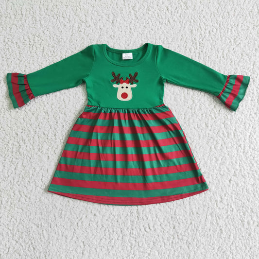 GLD0014 Girls Embroidery Christmas Deer Dress Long Sleeves Green