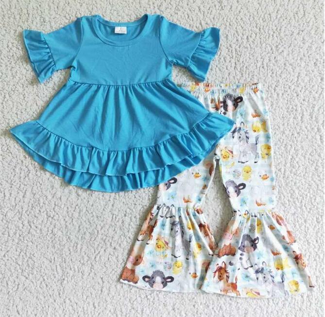 Girls Blue Outfits Short Sleeves Farm Pants