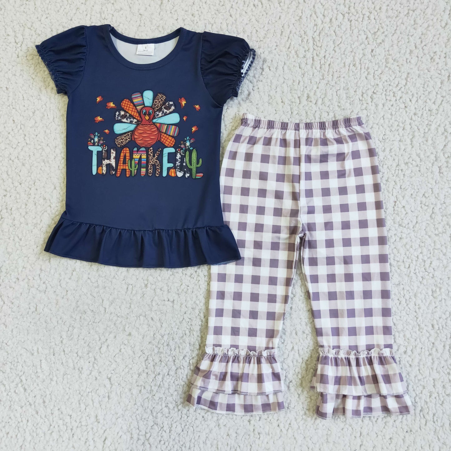 Girls Thanksgiving Turkey Outfits Short Sleeves Plaid Pants