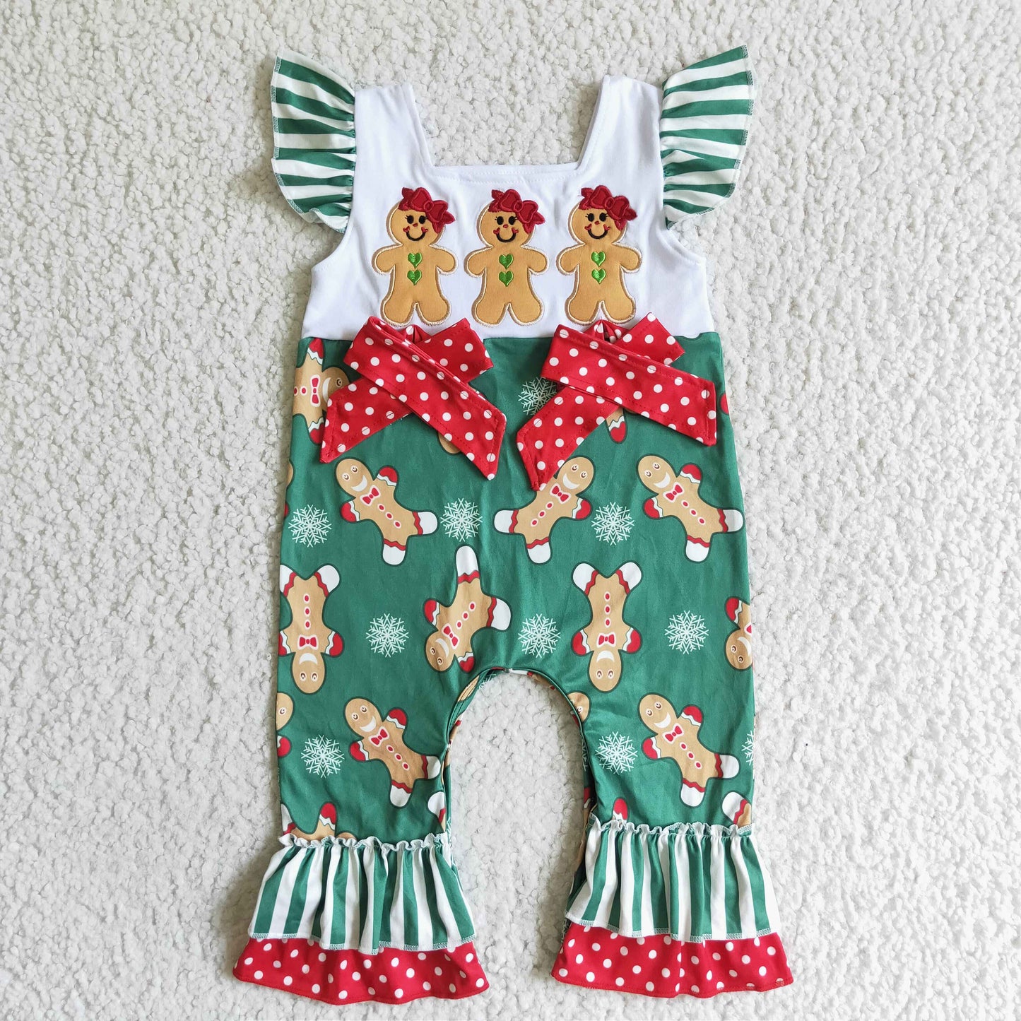 Girls Embroidery Christmas Rompers Green Stripe