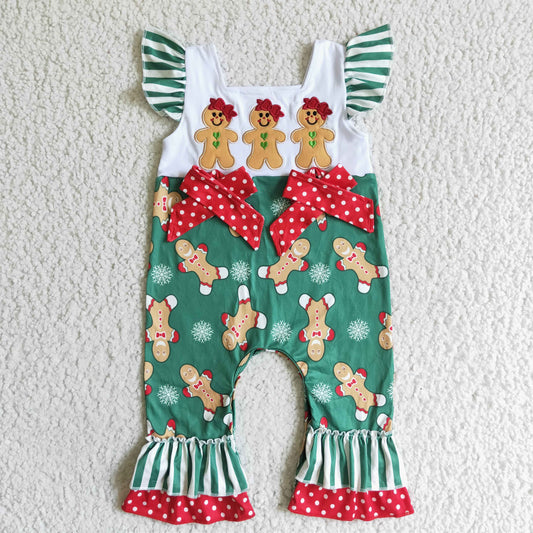 Girls Embroidery Christmas Rompers Green Stripe