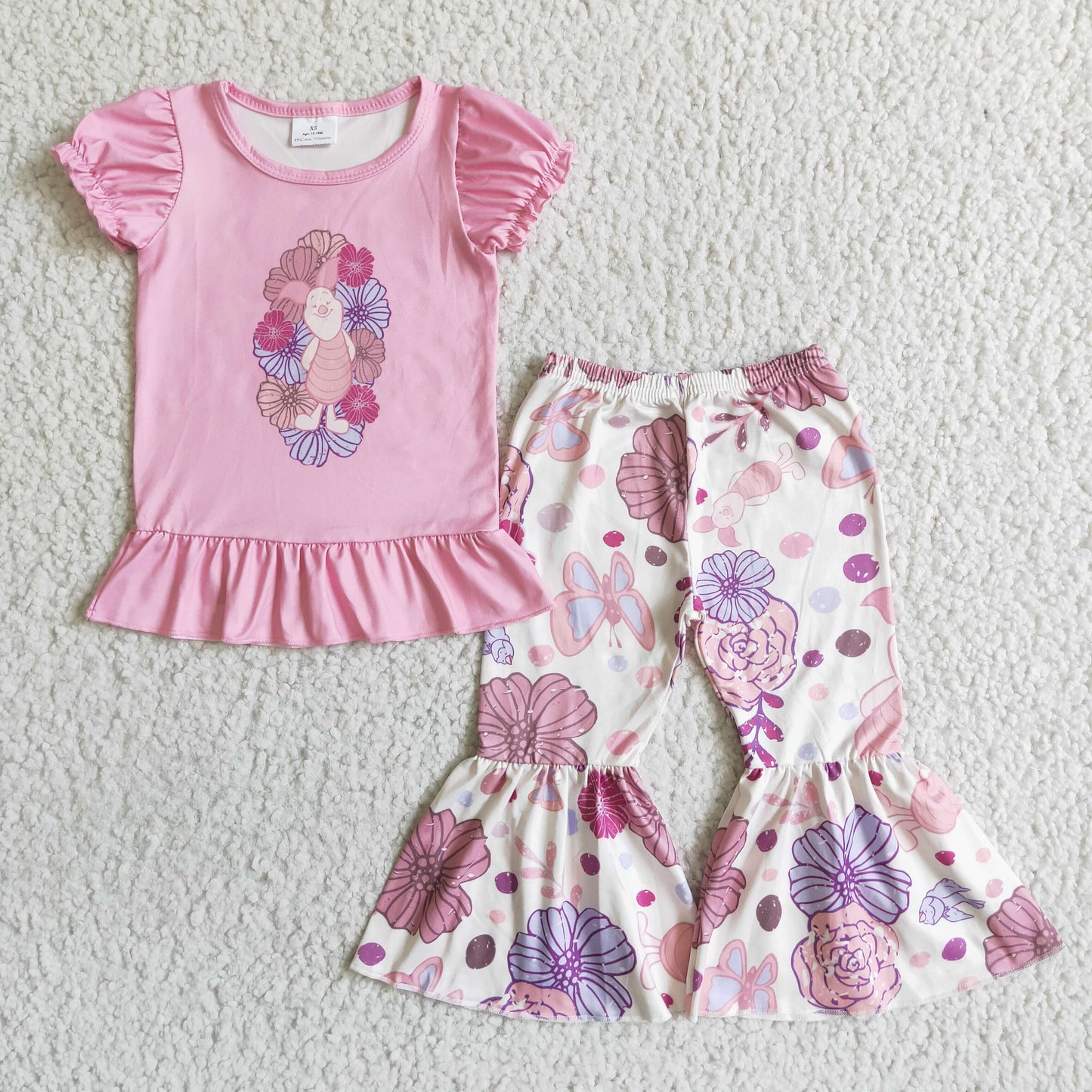 Girls Cartoon Pig Pink Outfits Short Sleeves