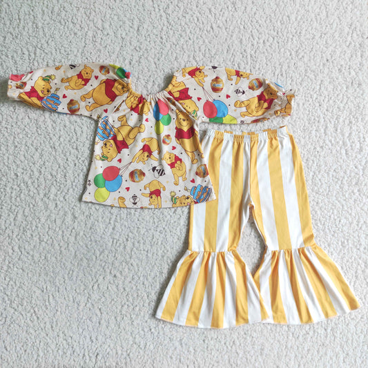 Girls Cartoon Yellow Outfits Long Sleeves Stripe Pants