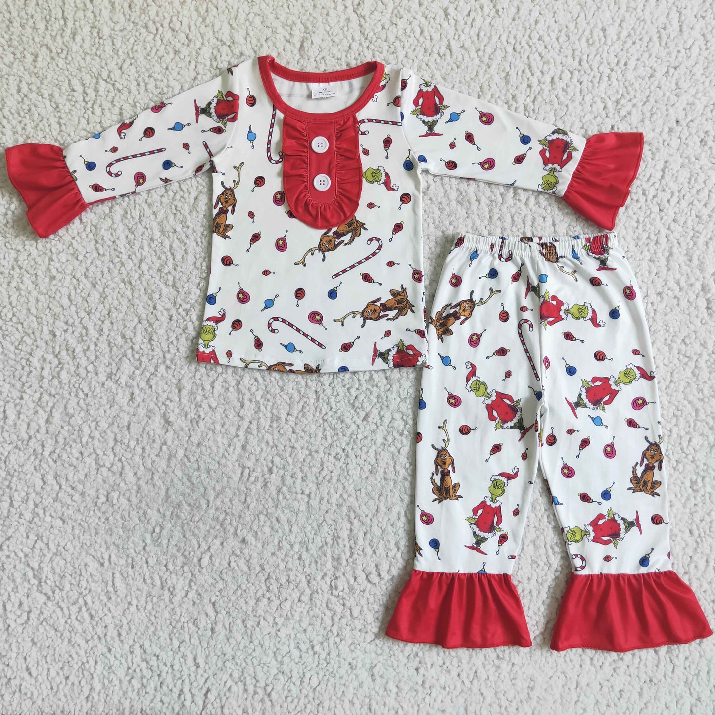 Girls Christmas Pajamas Long Sleeves Ruffle Pants Button